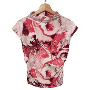 DKNY Mock Neck Ruched Top Women L Pink White New Floral Abstract UK5TLA84